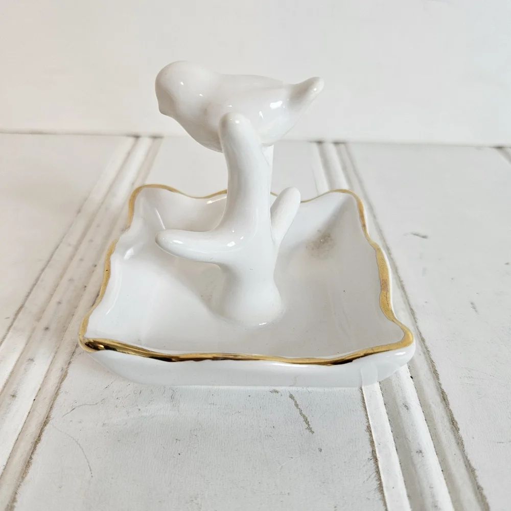 White Ceramic Bird Ring Holder Gold Trim Jewelry Dish Vanity Decor